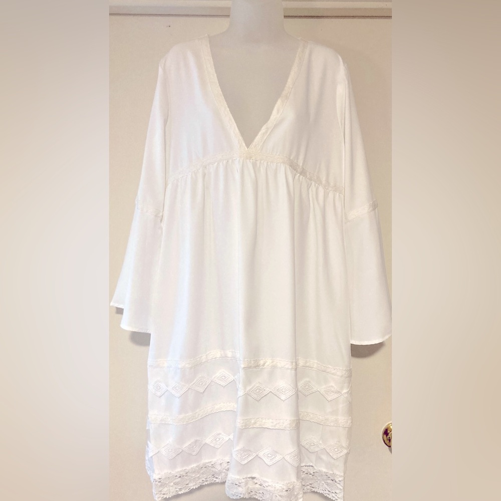 Fresh White Long-Sleeve V-Neck Eyelet Mini-Dress, LG, NWT